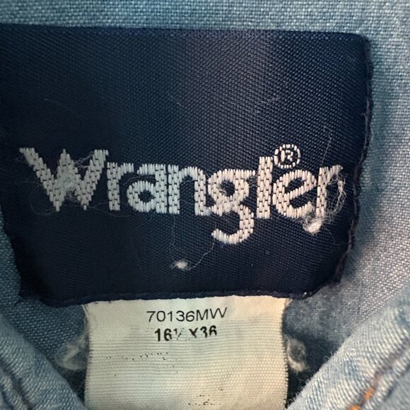 Wrangler chambray cowboy western-style pearl snap raw hem shirt men's 16.5 x 36 - Picture 3 of 6